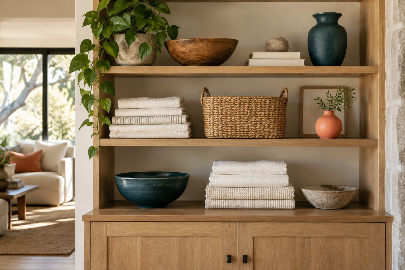 An oak shelf with neatly folded linens, a woven basket and carefully chosen ceramics