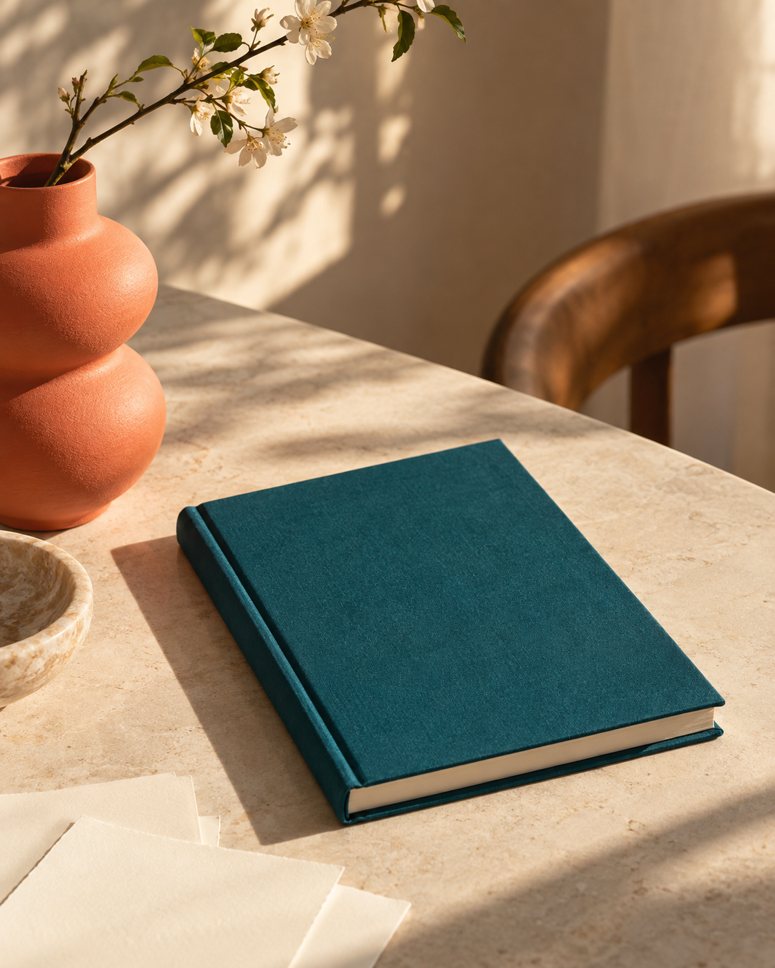 A teal notebook, cream papers and coral ceramic vase in warm afternoon light